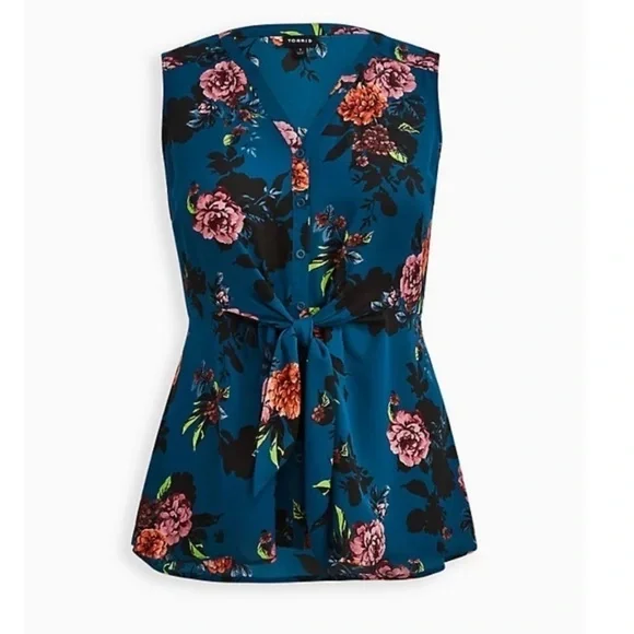 Torrid 5 PEPLUM TIE FRONT SLEEVELESS BLOUSE - GEORGETTE FLORAL TEAL - Picture 5 of 5